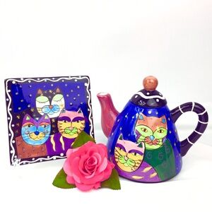 Milson and Louis Whimsical Cats Hand Painted Ceramic Teapot and Coaster Set